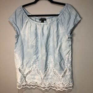 INC International Concepts Blue and White Washed Lace Top Blouse